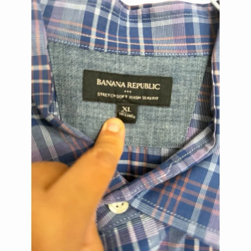 Banana Republic Mens XL Slim Fit Blue Purple Plaid Button Down Shirt 100% Cotton